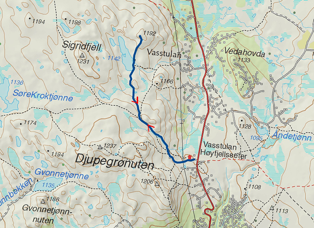 27.07.2014 - Den tykke, blå streken er ruta vi gikk. Vi parkerte ved Vasstulan Høyfjellsseter. (Kartkilde: www.norgeskart.no) 