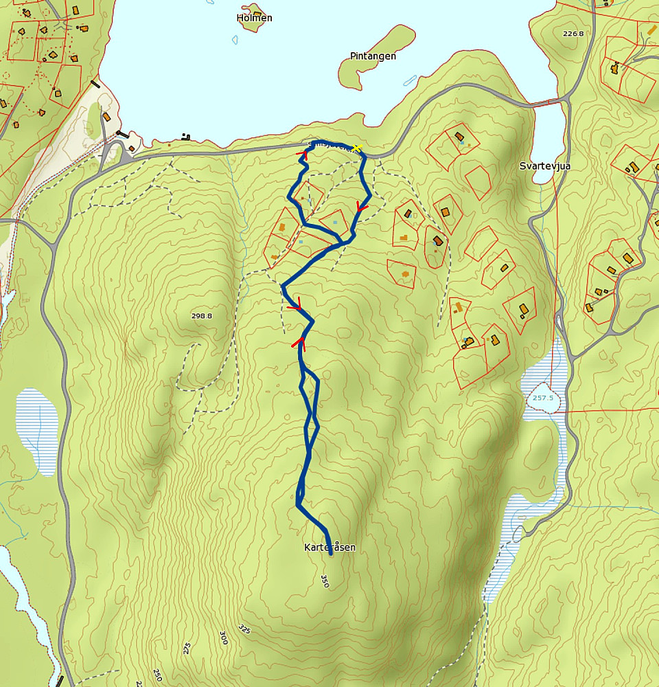 28.08.2014 - Den blå, tykke streken er ruta vi gikk. Det gule krysset øverst viser hvor bilen sto parkert.