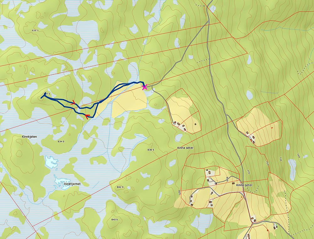 19.09.2014 - Den blå, tykke streken er ruta jeg gikk. Det rosa krysset markerer hvor bilen sto parkert. (Kartkilde: www.norgeskart.no)