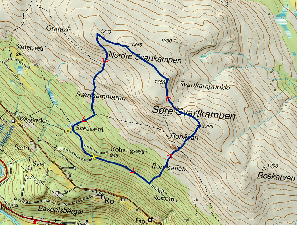 21.09.2014 - Den tykke, blå streken er ruta jeg gikk. Det gule krysset viser hvor jeg parkerte. (Kartkilde: www.norgeskart.no) 