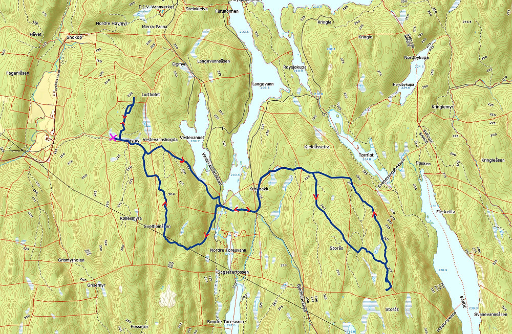 04.11.2014 - Den mørkeblå, tykke streken er ruta jeg gikk. Det lilla krysset viser hvor jeg parkerte. (Kartkilde: www.norgeskart.no)