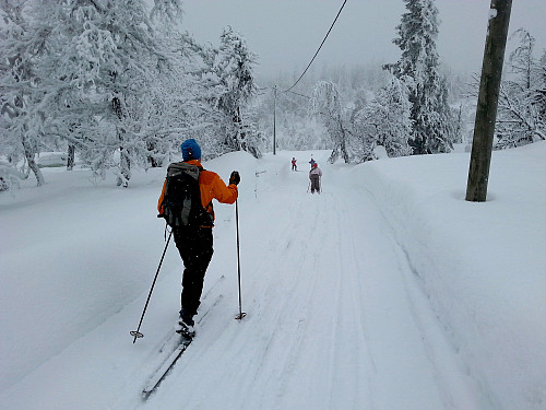 01.03.2014 - Etter å ha gått opp en liten, nedlagt slalombakke like ved Danebu, sklir vi bortover en vei i et hyttefelt ved vestenden av vannet Fræningen. Mye snø og fint vinterlandskap!