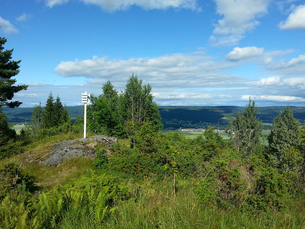 29.06.2014 - Dagens flotteste utsikt fikk jeg fra Stueåsen (242), den laveste toppen jeg besøkte. Nede i dalen til høyre ses Sande i Vestfold.