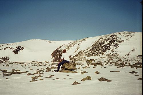 09.05.1993: Min bror på Søre Kalvehølotinden (1867). Han lurer nok på skiføret opp mot Kalvehøgde Ø2 (2088) til høyre... Til venstre ses Austre Kalvehøgde (2178).