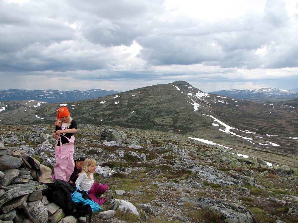 08.06.2014 - På Søre Bølhøgda (1258). Bak ses Nørdre Bølhøgda (1365). Vi tar på mer tøy og gjør klart for rumpeakebretturen til jentene. Bygene nærmer seg fra vest, så det ble ikke lange stoppen her.