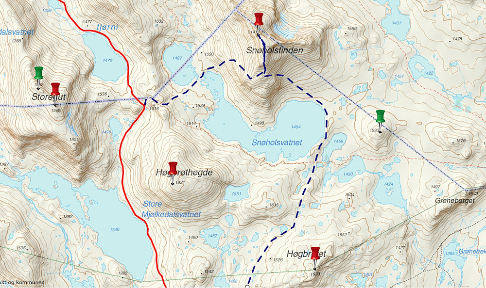 28.07.1996 - Rød strek er stien mellom Fondsbu og Skogadalsbøen. Stiplet mørkblå strek er ruta vi gikk utenom den merkede stien (rød strek).