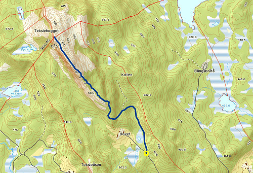 21.07.2014 - Blå, tykk strek er ruta vi gikk. Gul ring nederst er parkeringsplassen, merket "Parkering Tekslehøgget". (Kartkilde: www.norgeskart.no)