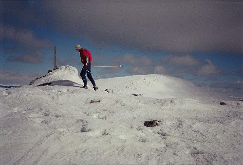 17.04.1994 - min bror på toppen av Stensæterkanken (1078 moh). Her sliter han med å gå mot vinden, som var så sterk at vi droppet turen videre mot Trysilfjellets høyeste punkt (1132 moh), som ses i bakgrunnen. Den får vente på bedre tider... 