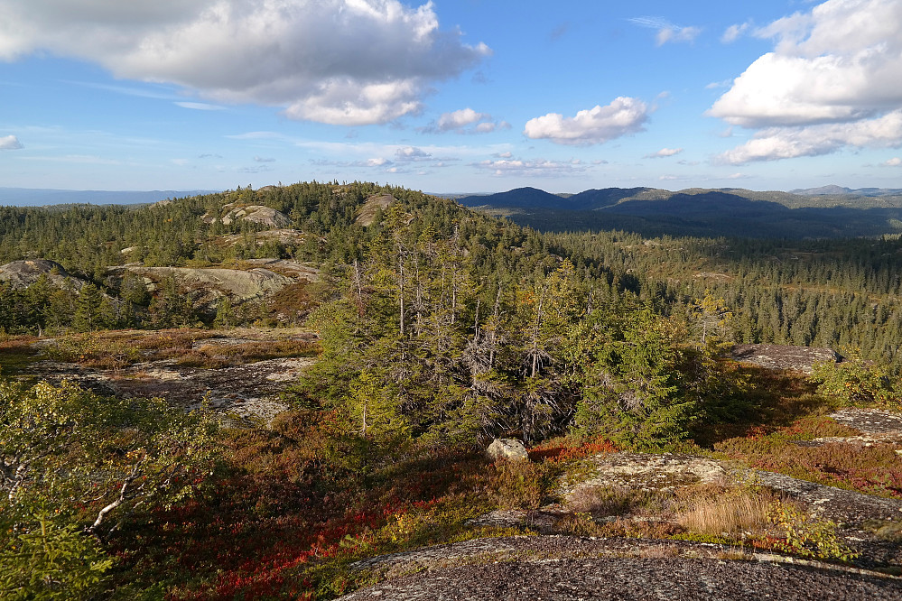 04.09.2014 - Litt til venstre for midten er Ørnenuten (811), sett fra toppen av Sør for Ørnenuten (804). Den mørke toppen bak er Vardefjell (814), mens litt av Skrimfjella ses langt bak, helt til høyre.