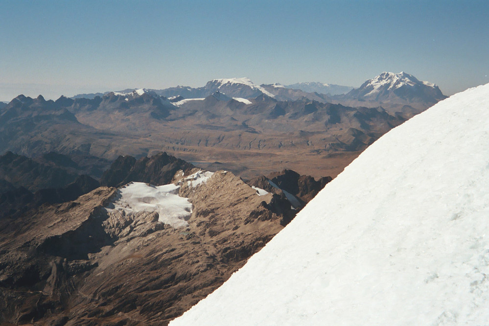 View along the summit of Huayna Potosi. Illimani is (I think) the mountain at the right edge of the photo