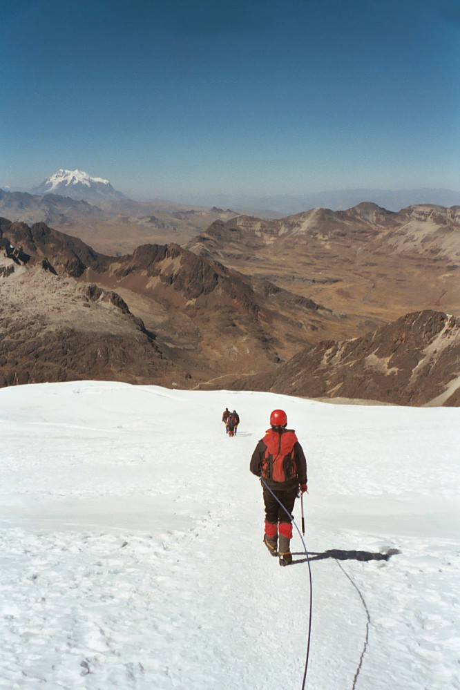 On the descent back down the glacier, Illimani in the distance.