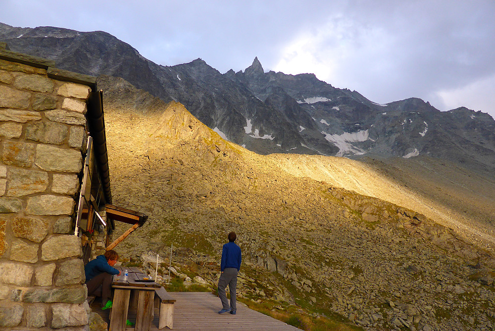 Evening at the Cabane de la Tsa. Aiguille de la Tsa straight up the mountainside!