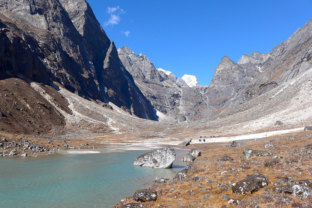 Small lake on the way to base camp. Kyajo Ri at the far end of the valley!