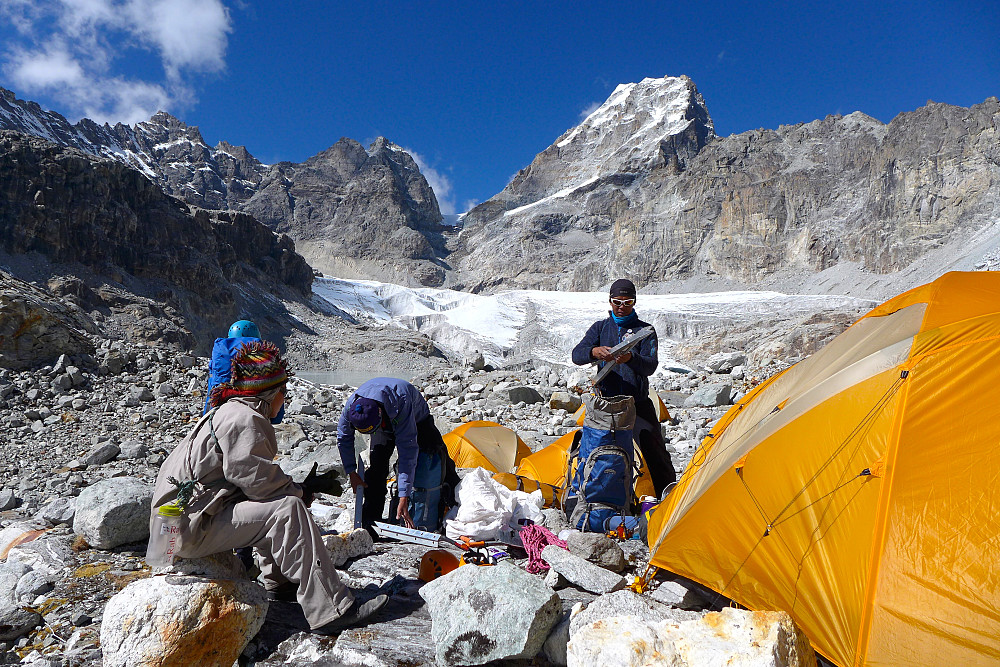 At Camp 1! In the background is the gully leading up to the col and camp 2 with Kyajo Ri to its right