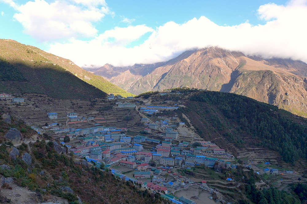 A welcome sight - Namche Bazaar, hot showers and proper beds! :)