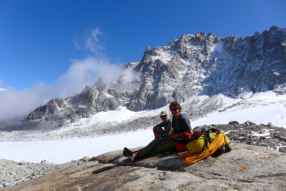 Linda and Sami checking out the route on Aiguille d'Orny from a random rock along the path to the Trient hut