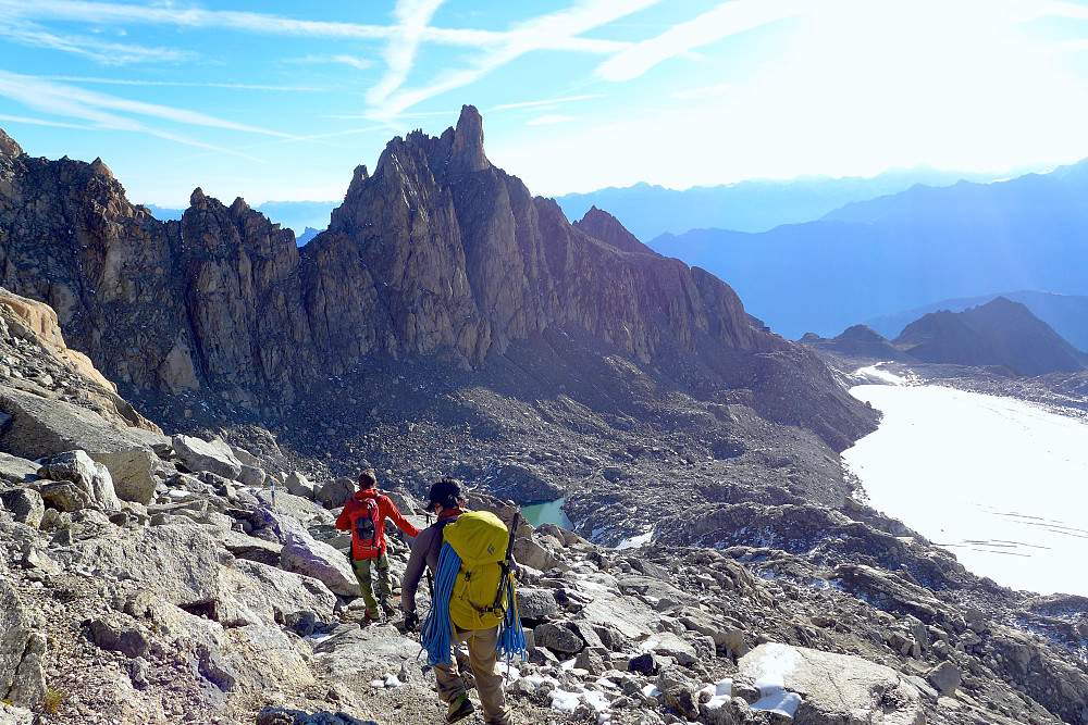 Walking down to the start of the climb on Aiguille d'Orny