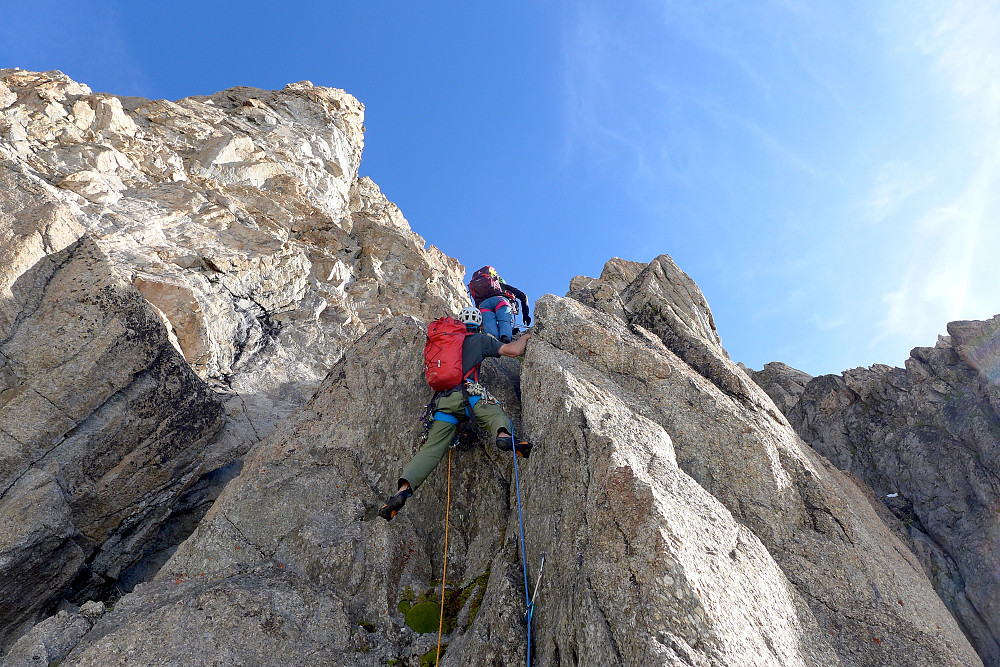 Sami just above the belay on the second pitch. The route was busy!