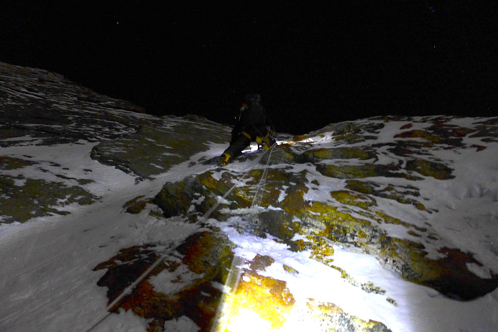 Matt on the rock slabs above camp 1. Just what you'd want to be doing at 2am!