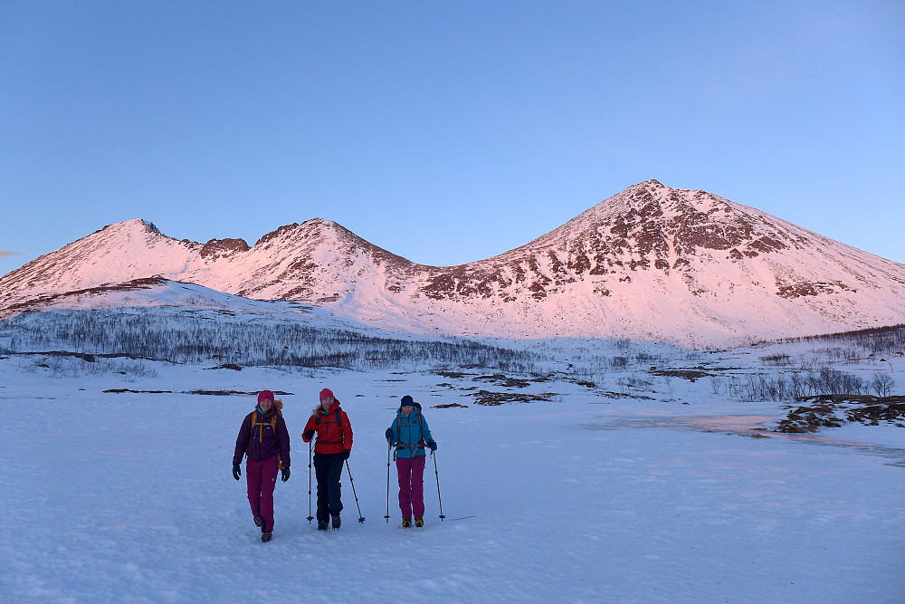 Johanna, Ilona og Kamila på den lille spaserturen over myrområdet (mye finere å gå over den nå på vinterstid enn om sommeren) med dagens siste solstråler på fjellet