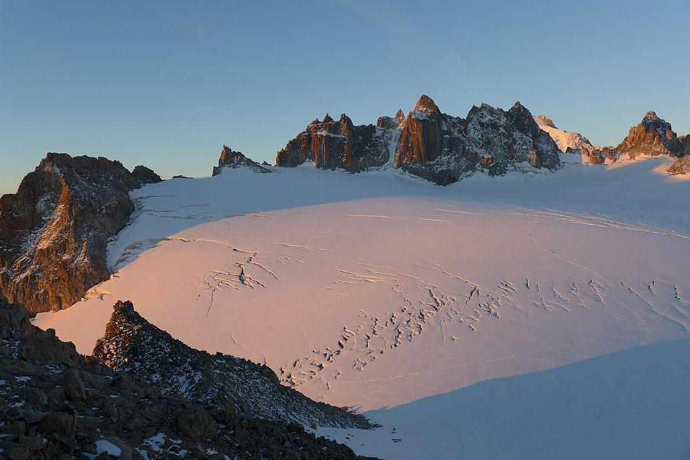 The Aiguilles Dorees seen from the Trient hut (taken in August 2017). The Aiguille Sans Nom is the spike that sits just to the right above the obvious snow couloir in the middle of the range