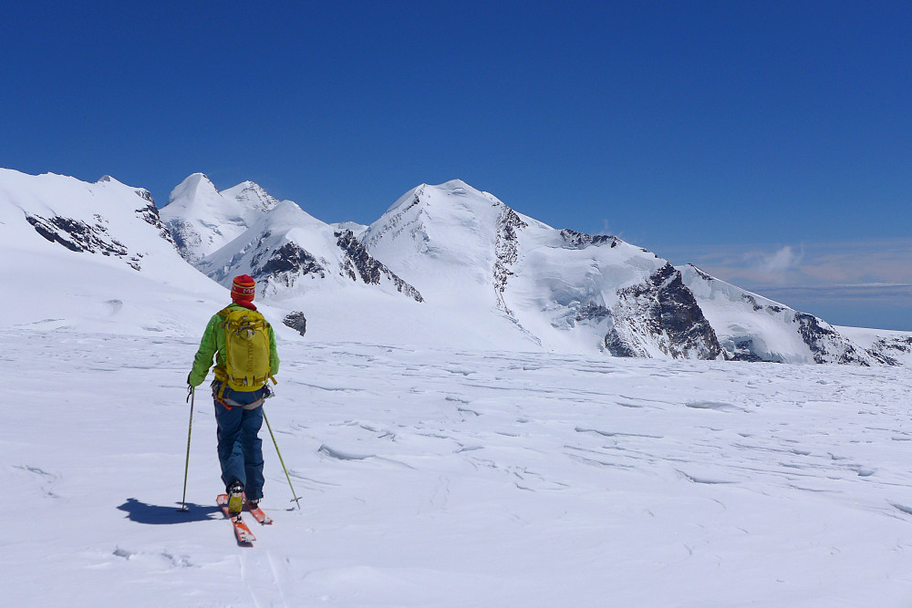 On the journey across to the Val d'Ayas hut from the Klein Matterhorn, with Lyskamm, Pollux and Castor in the background