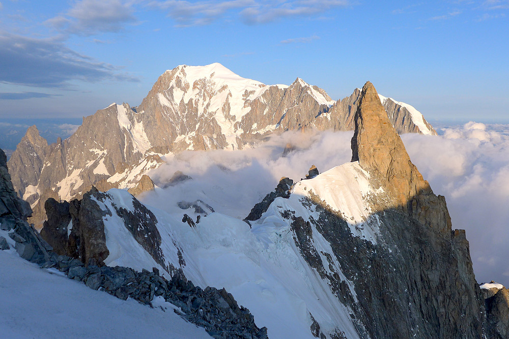 View back along the Rochefort ridge towards the Dent du Geant and Mont Blanc