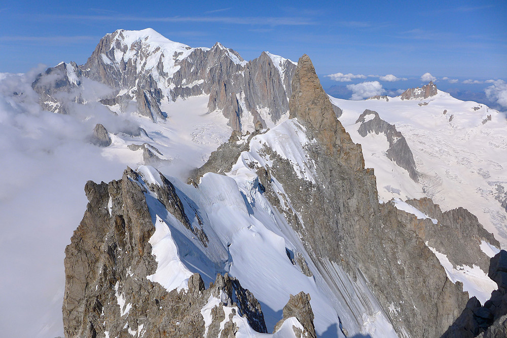The Rochefort Arete, Dent du Geant and Mont Blanc massif seen from the top of the Aiguille de Rochefort