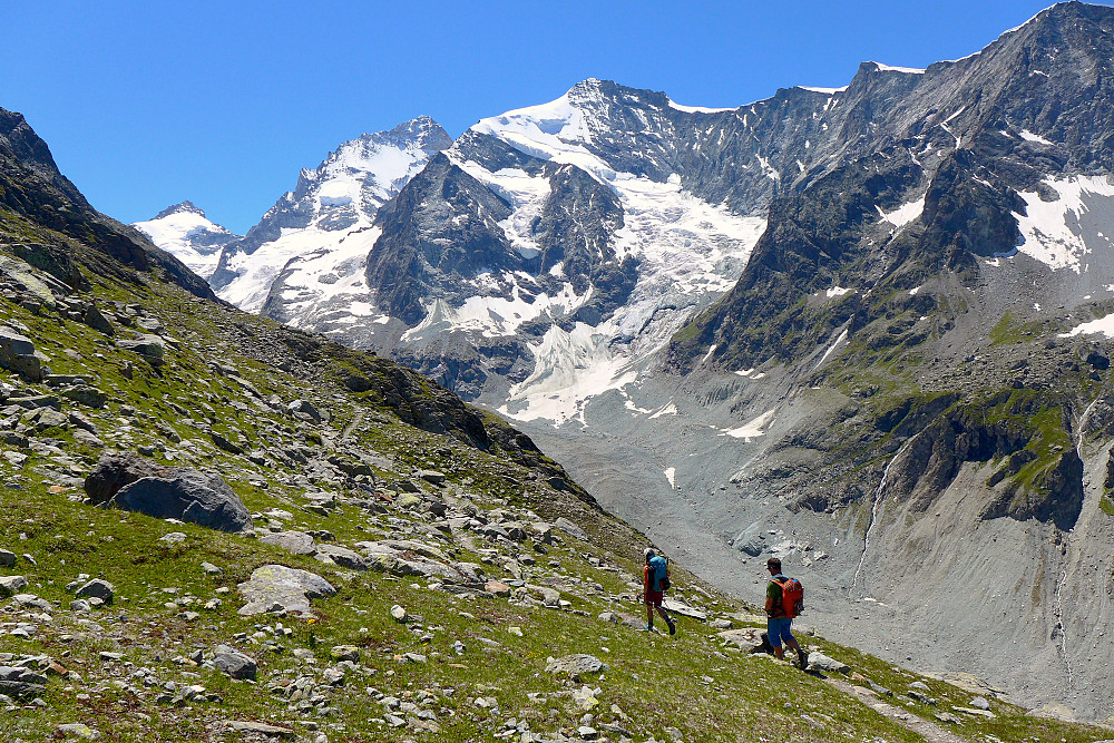 Dent Blanche and Grand Cornier dominant the background on the walk up to the Mountet hut