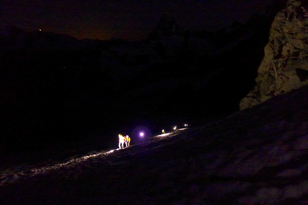 Walking up the Rothorngletscher in the early hours of the morning