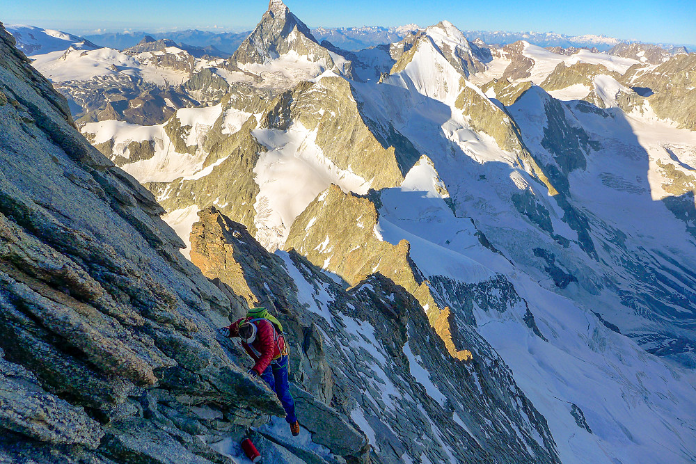 Swiss guide and his client on the Biner Slab