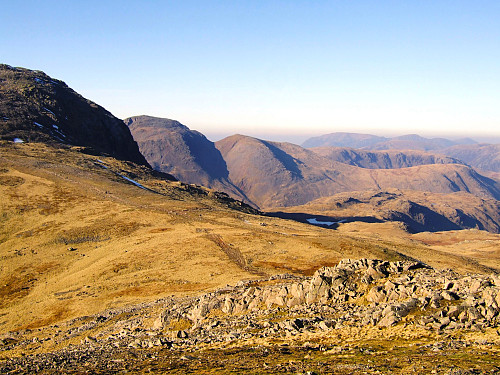 Between Esk Pike and Great End. View towards Great Gable and Green Gable