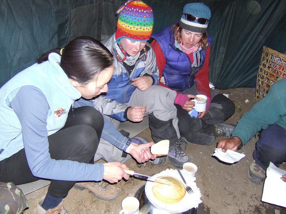 Pan-cooked birthday cake in the mess tent after returning to base camp!