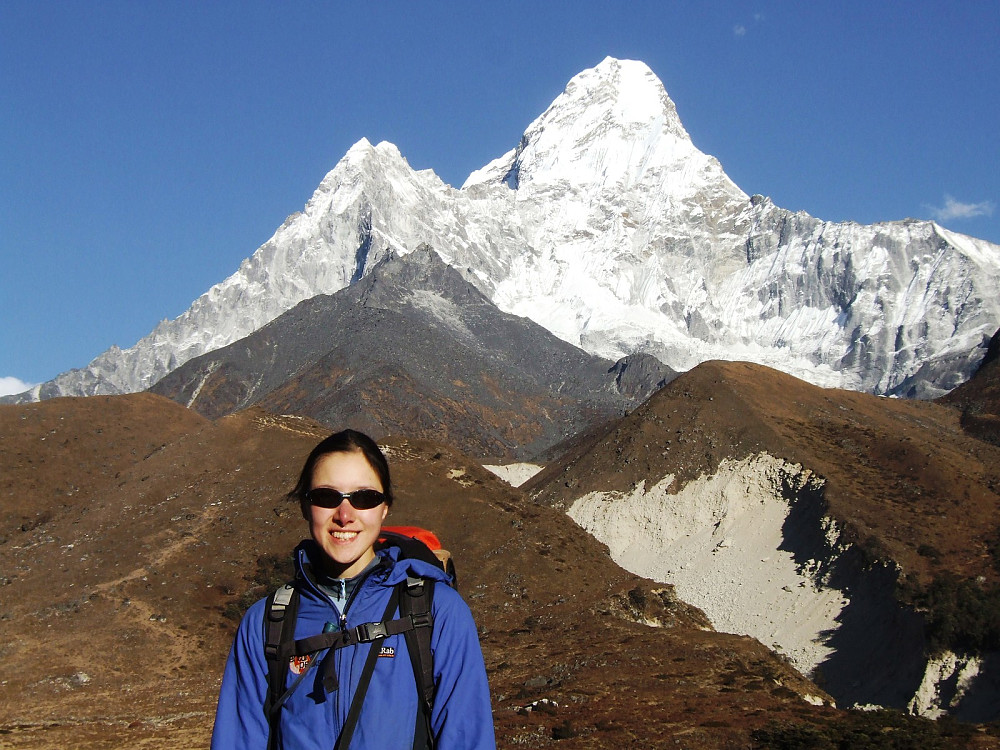 In front of Ama Dablam after arriving in Pangboche