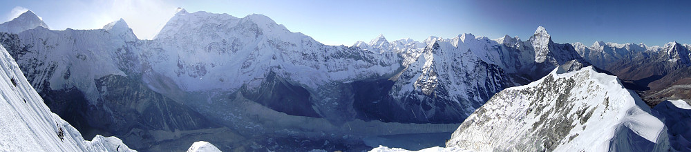 Panorama from the head wall on Island Peak, facing directly toward the Amphu Laptsa pass and Ama Dablam to the right corner of the picture