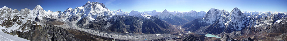 Not bad for a panoramic view from Lobuche East. Definitely one of my most memorable ones :-) Everest can be seen about 1/3 of the way along the picture from the left edge