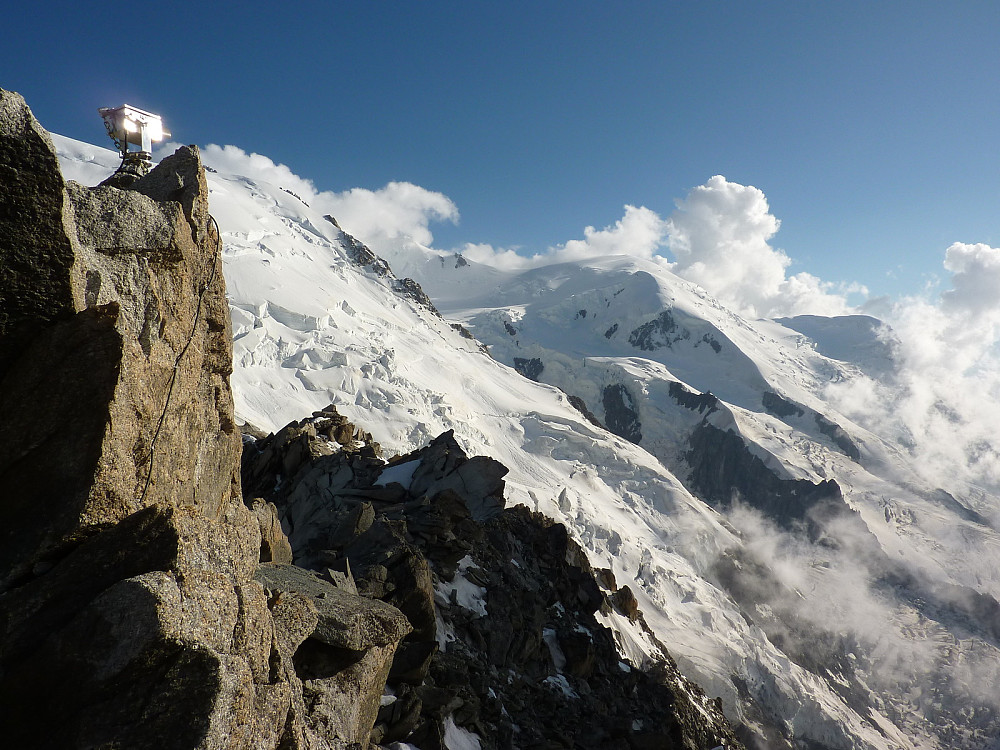 The view from the Cosmiques hut up towards Mont Maudit and Mont Blanc