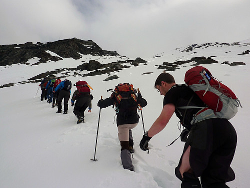 Post-lunch ascent up the steeper snow slopes on the western side of Store Russetinden