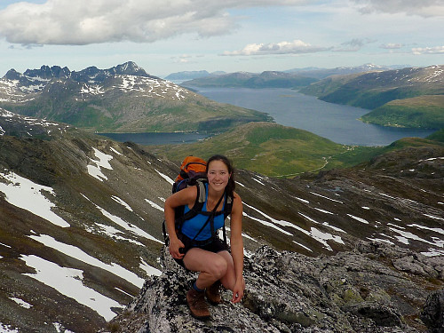 Me. At the top of Litje Blåmannen, with the Ersfjord peaks and Store Blåmannen to the left of the photo behind me (above Kaldfjord)