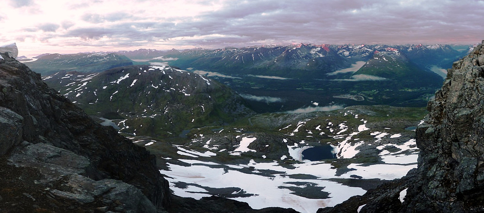 Good view from the descent down Tromsdalstinden's southwestern side, looking across Ramfjord directly to Hamperokken and it's distinctive long ridge and very pointy summit!