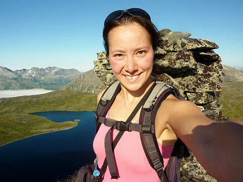 On the top of Synnovjordtinden. Smiling before the somewhat-epic descent.