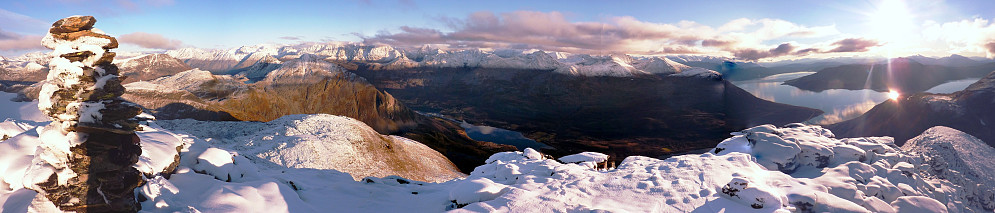 Wow panorama #2, the view from the summit looking east towards Lyngen round to the peaks south of the Lakselv valley