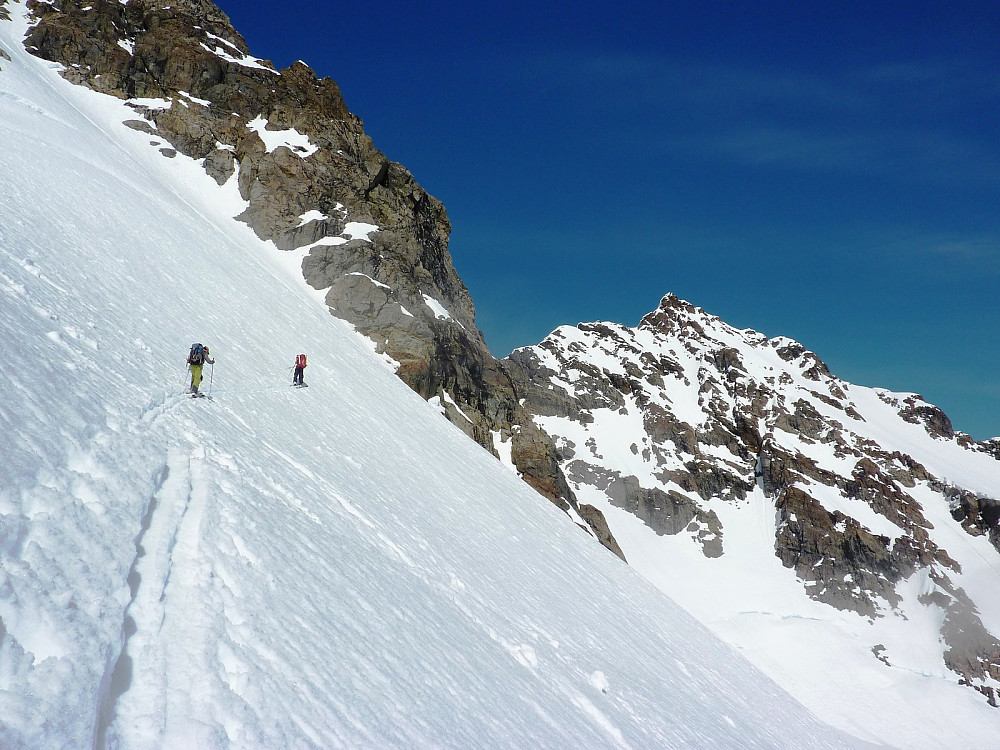 Traversing across the main gully to the one we ascend