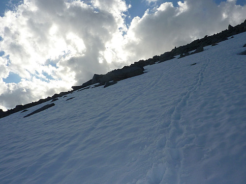 Valgte å bruke så mye av snøen som mulg på turen ned. Lett og raskt å løpe på snøen og snill på knærne mine.