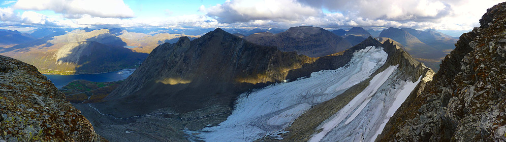 View from just below the summit. Russetindbreen on the northeast slopes of Markenestindan