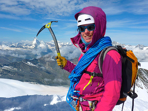 Rocio with the Matterhorn at the tip of her ice axe :)