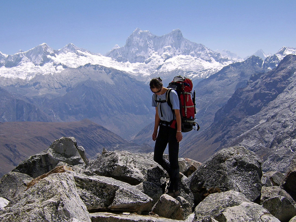 Me, at the site of moraine camp. The stunning peak in the background is Chacraraju