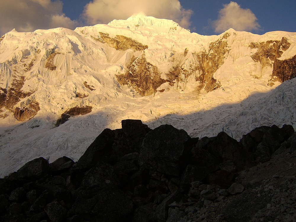 A glance up toward the summit of Chopicalqui at sunset from the moraine camp, still 2 hard days of climbing ahead of us!