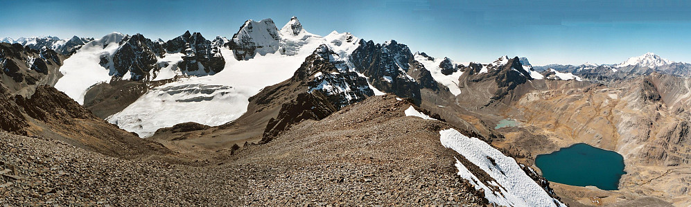 A fine summit panorama from Point Austria! Huayna Potosi at the right edge of the photo, and the big blue lake is Laguna Chiar Khota, where our camp was based for the week in the Condoriri