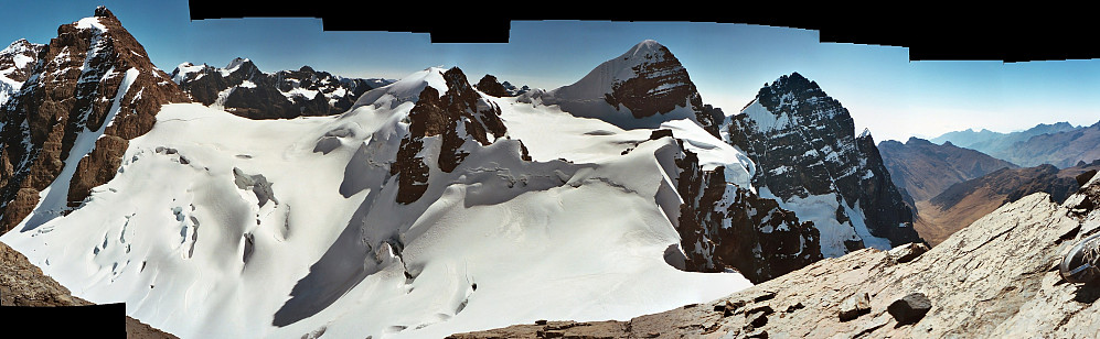 The view from the summit of Pirimide Blanca. Well worth getting up at silly hours of the morning for. Pequeno Alpamayo is the peak with the very elegant snow arete on it's left hand edge, more or less in the centre of the photo